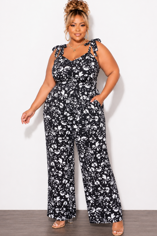 Final Sale Plus Sleeveless Jumpsuit with Tie Straps in Black and White Floral Print