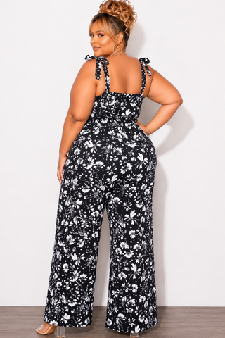 Final Sale Plus Sleeveless Jumpsuit with Tie Straps in Black and White Floral Print