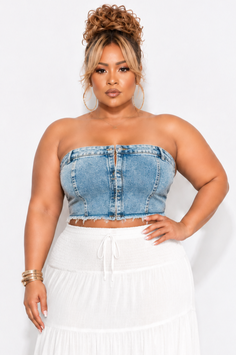 Final Sale Plus Size Button Up Strapless Top in Acid Washed Denim