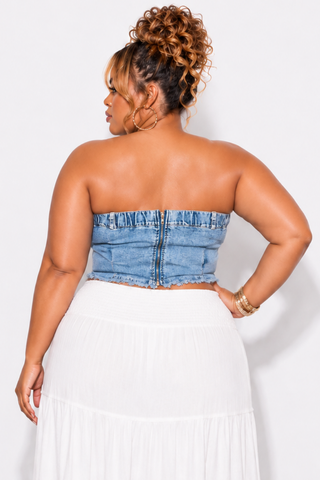 Final Sale Plus Size Button Up Strapless Top in Acid Washed Denim