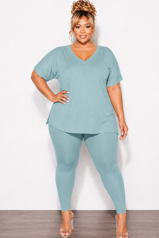 Final Sale Plus Size 2pc Scoop Neck Tunic Top and Matching Legging Set in Blue Grey