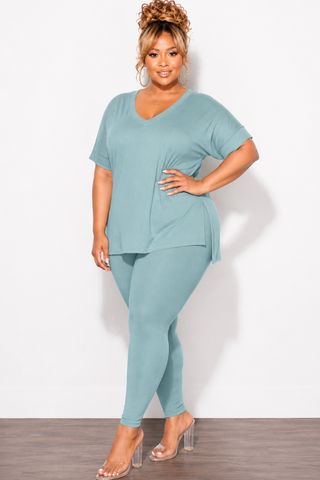 Final Sale Plus Size 2pc Scoop Neck Tunic Top and Matching Legging Set in Blue Grey