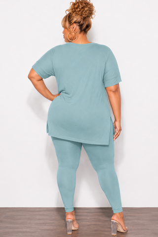 Final Sale Plus Size 2pc Scoop Neck Tunic Top and Matching Legging Set in Blue Grey