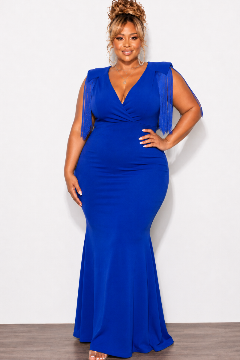 Final Sale Plus Size Fringe Shoulder Gown in Royal Blue