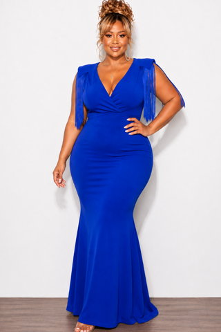 Final Sale Plus Size Fringe Shoulder Gown in Royal Blue