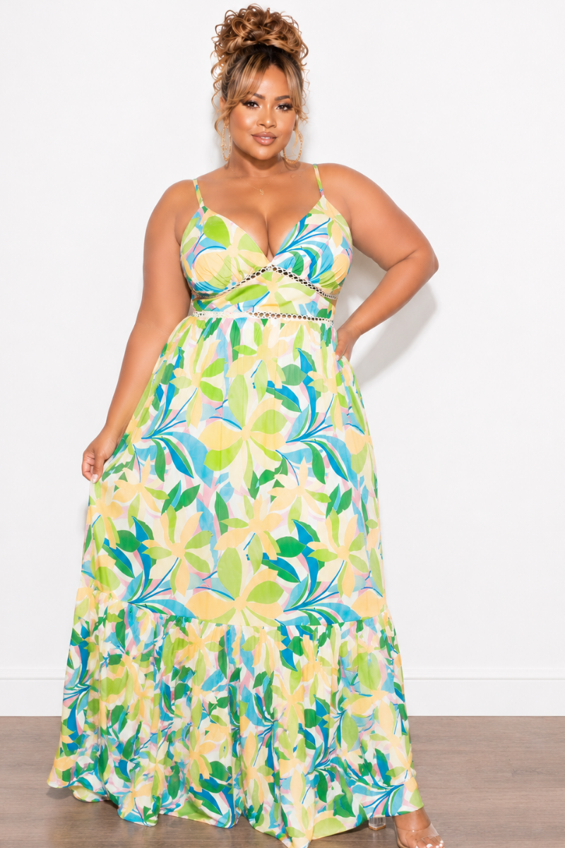 Final Sale Plus Size Sleeveless Tiered Maxi Dress In Yellow and Green Floral Multi Color Print