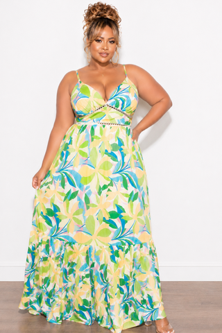 Final Sale Plus Size Sleeveless Tiered Maxi Dress In Yellow and Green Floral Multi Color Print