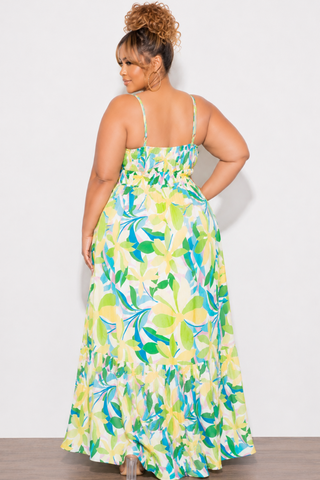 Final Sale Plus Size Sleeveless Tiered Maxi Dress In Yellow and Green Floral Multi Color Print