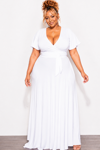 Final Sale Plus Size 2pc Short Sleeve Crop Tie Top and Skirt Set in White