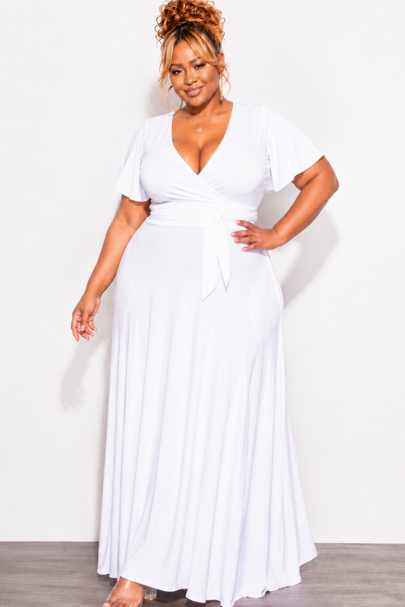 Final Sale Plus Size 2pc Short Sleeve Crop Tie Top and Skirt Set in White