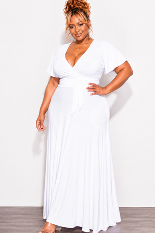 Final Sale Plus Size 2pc Short Sleeve Crop Tie Top and Skirt Set in White