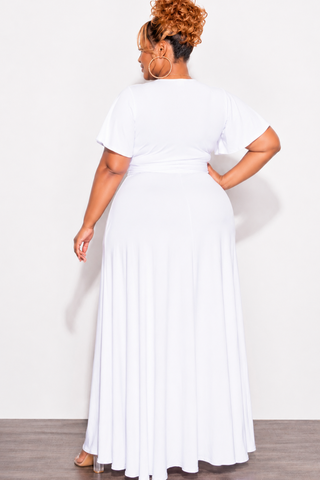 Final Sale Plus Size 2pc Short Sleeve Crop Tie Top and Skirt Set in White