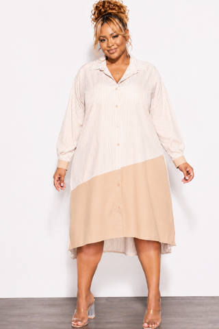 Final Sale Plus Size Collar Button Up Shirt Dress in White and Tan