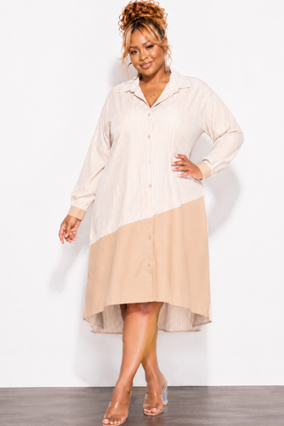 Final Sale Plus Size Collar Button Up Shirt Dress in White and Tan