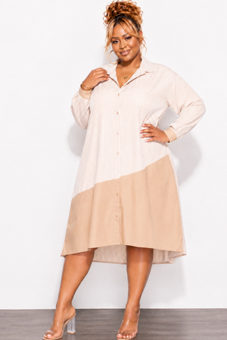 Final Sale Plus Size Collar Button Up Shirt Dress in White and Tan
