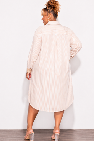 Final Sale Plus Size Collar Button Up Shirt Dress in White and Tan