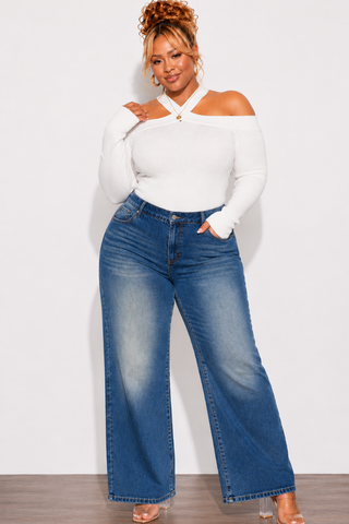 Final Sale Plus Size Fitted Stretchy High Waist Wide Leg Jeans In Denim Dark Wash