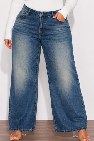 Final Sale Plus Size Fitted Stretchy High Waist Wide Leg Jeans In Denim Dark Wash