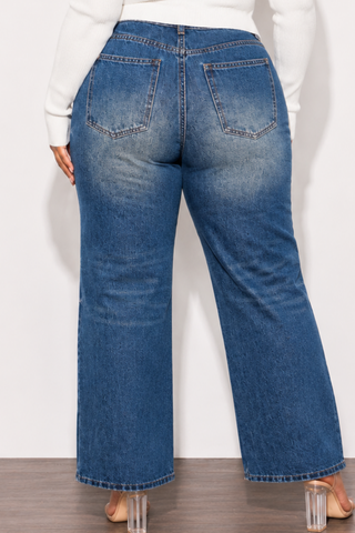 Final Sale Plus Size Fitted Stretchy High Waist Wide Leg Jeans In Denim Dark Wash