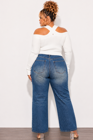 Final Sale Plus Size Fitted Stretchy High Waist Wide Leg Jeans In Denim Dark Wash