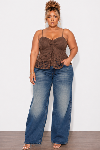 Final Sale Plus Size Lace Halter Top in Brown with Ruffle Middle