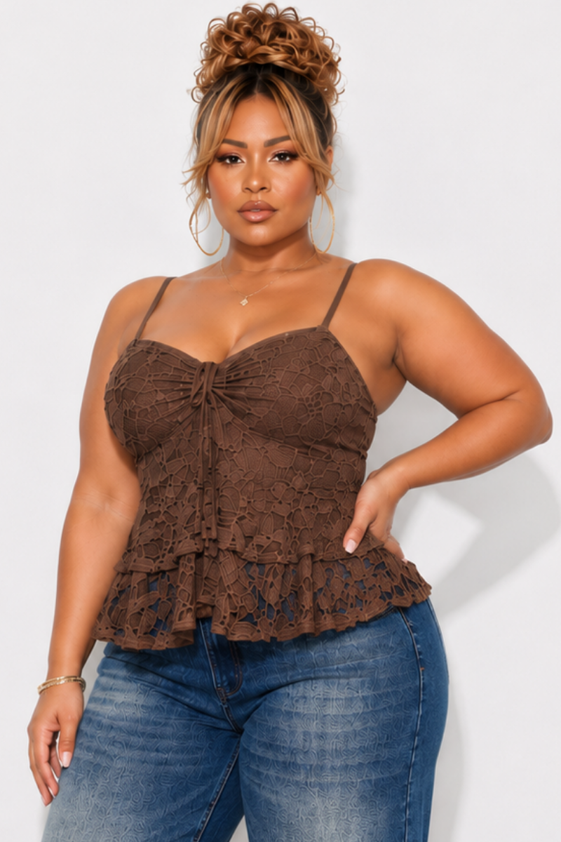 Final Sale Plus Size Lace Halter Top in Brown with Ruffle Middle