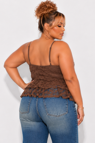 Final Sale Plus Size Lace Halter Top in Brown with Ruffle Middle