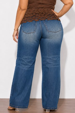 Final Sale Plus Size Fitted Stretchy High Waist Wide Leg Jeans In Denim Dark Wash