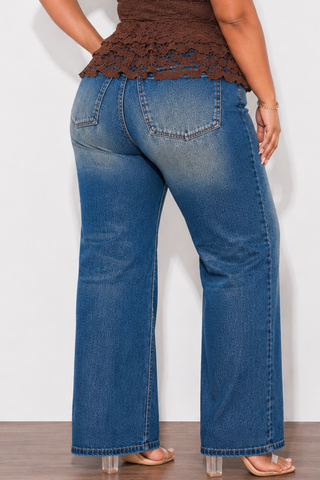 Final Sale Plus Size Fitted Stretchy High Waist Wide Leg Jeans In Denim Dark Wash