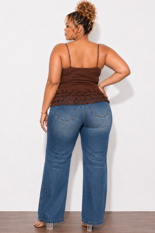 Final Sale Plus Size Lace Halter Top in Brown with Ruffle Middle