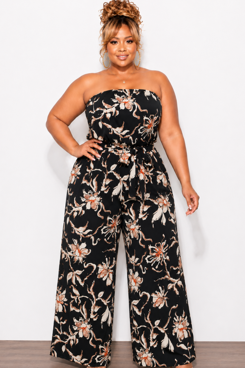 Final Sale Plus Size Strapless Jumpsuit in Black Floral Print