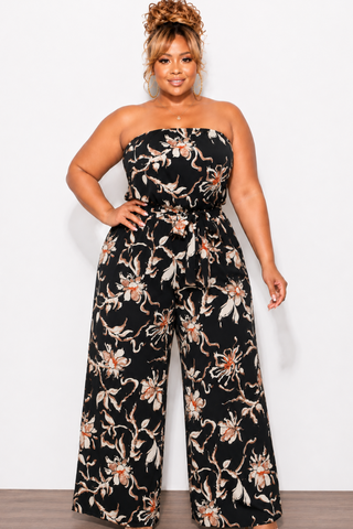 Final Sale Plus Size Strapless Jumpsuit in Black Floral Print