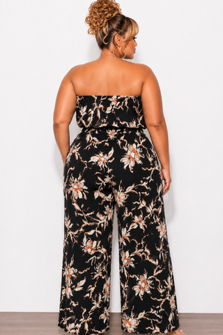 Final Sale Plus Size Strapless Jumpsuit in Black Floral Print