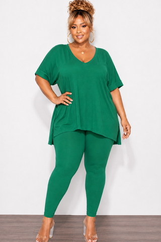 Final Sale Plus Size 2pc V-Neck Tunic Top and Matching Legging Set in Green