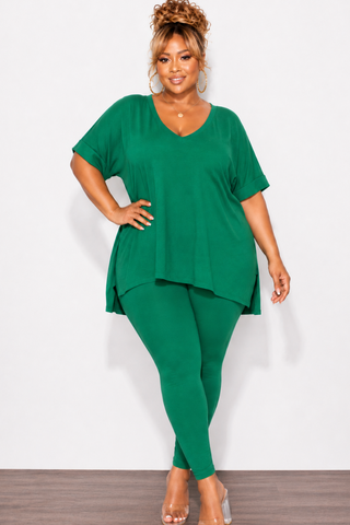 Final Sale Plus Size 2pc V-Neck Tunic Top and Matching Legging Set in Green