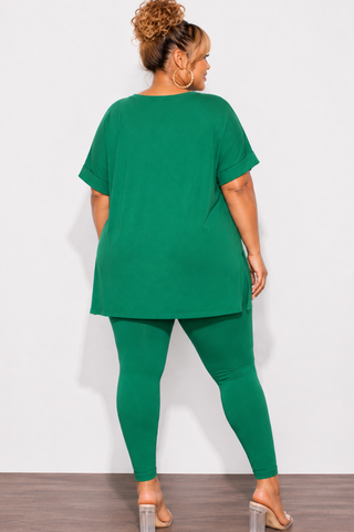 Final Sale Plus Size 2pc V-Neck Tunic Top and Matching Legging Set in Green
