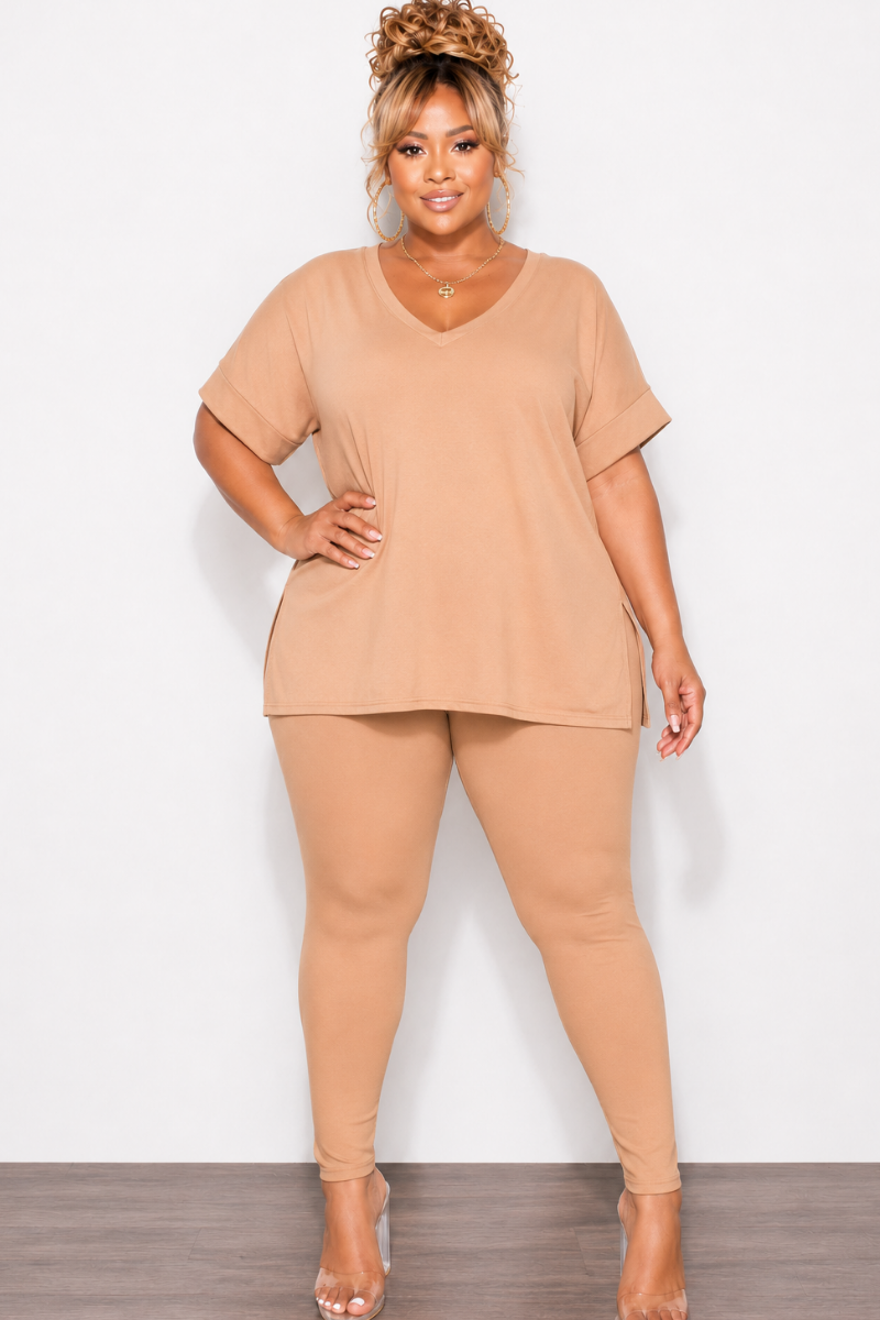 Final Sale Plus Size 2pc V-Neck Tunic Top and Matching Legging Set in Brush Tan