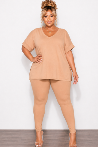 Final Sale Plus Size 2pc V-Neck Tunic Top and Matching Legging Set in Brush Tan