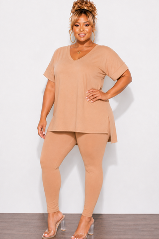 Final Sale Plus Size 2pc V-Neck Tunic Top and Matching Legging Set in Brush Tan