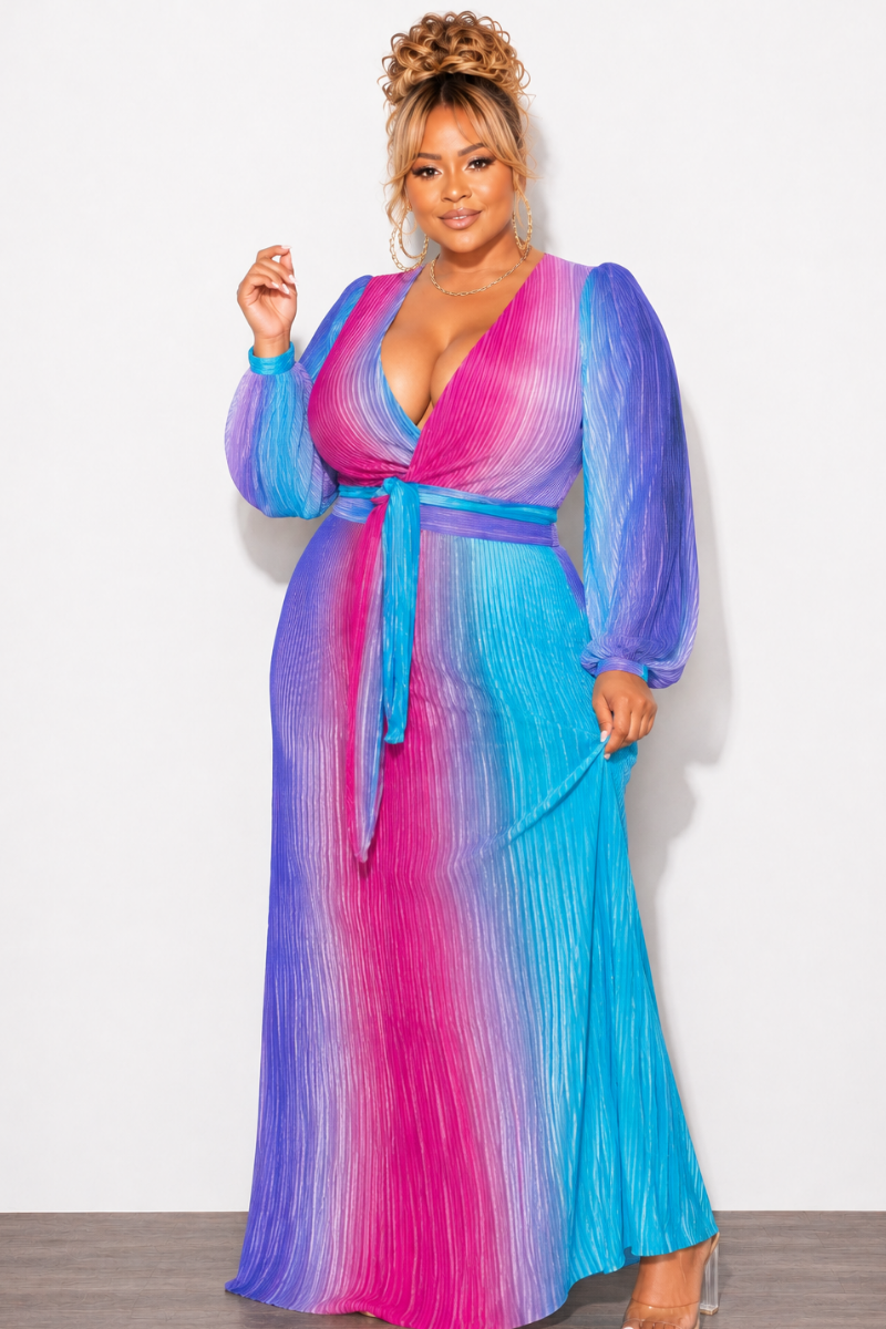 Final Sale Plus Size 2pc Long Sleeve Crop Tie Top and Skirt Set in Pleated Purple Magenta and Turquoise
