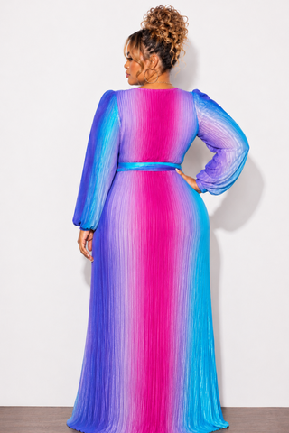 Final Sale Plus Size 2pc Long Sleeve Crop Tie Top and Skirt Set in Pleated Purple Magenta and Turquoise