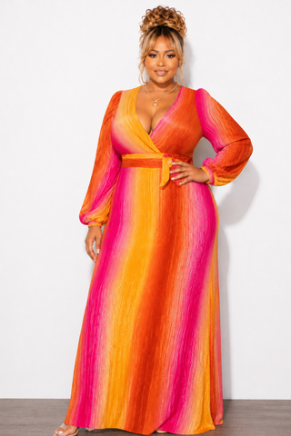 Final Sale Plus Size 2pc Long Sleeve Crop Tie Top and Skirt Set in Pleated Mustard & Fuchsia