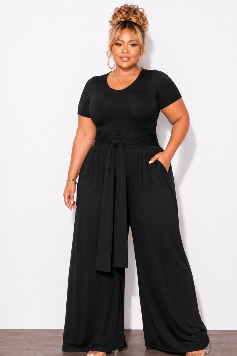 Final Sale Plus Size 2pc Short Sleeve Tie Top and Pants Set in Black