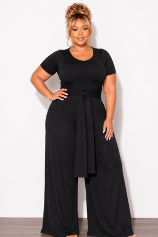 Final Sale Plus Size 2pc Short Sleeve Tie Top and Pants Set in Black