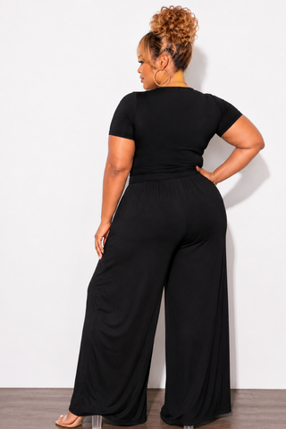Final Sale Plus Size 2pc Short Sleeve Tie Top and Pants Set in Black