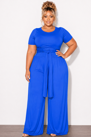 Final Sale Plus Size 2pc Short Sleeve Tie Top and Pants Set in Royal Blue