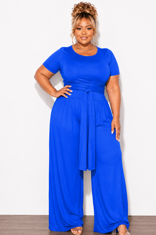 Final Sale Plus Size 2pc Short Sleeve Tie Top and Pants Set in Royal Blue