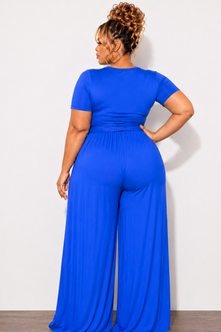 Final Sale Plus Size 2pc Short Sleeve Tie Top and Pants Set in Royal Blue