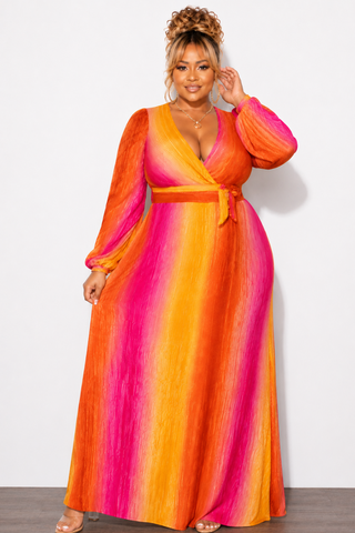 Final Sale Plus Size 2pc Long Sleeve Crop Tie Top and Skirt Set in Pleated Mustard & Fuchsia