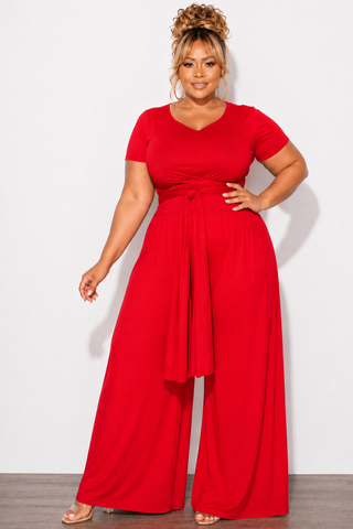 Final Sale Plus Size 2pc Short Sleeve Tie Top and Pants Set in Red